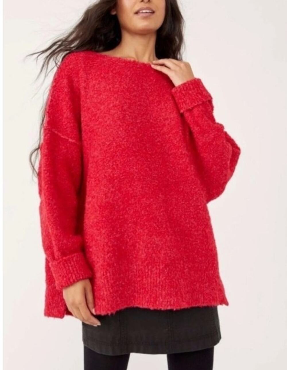 Free People Moira Slouchy Boucle Knit Tunic Sweater, Red, Size M